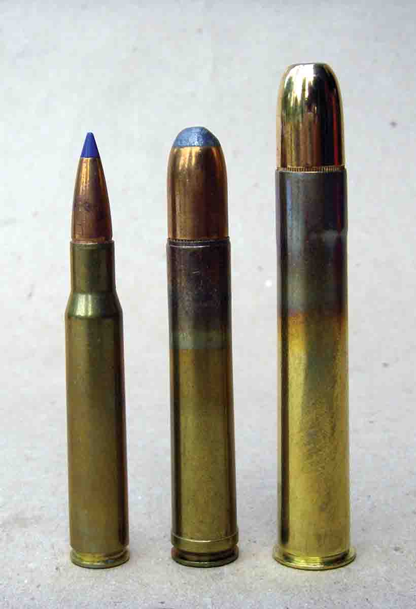 Shown for comparison is the (left to right): .30-06, .458 Winchester Magnum and the .500 Nitro Express (3-inch).
